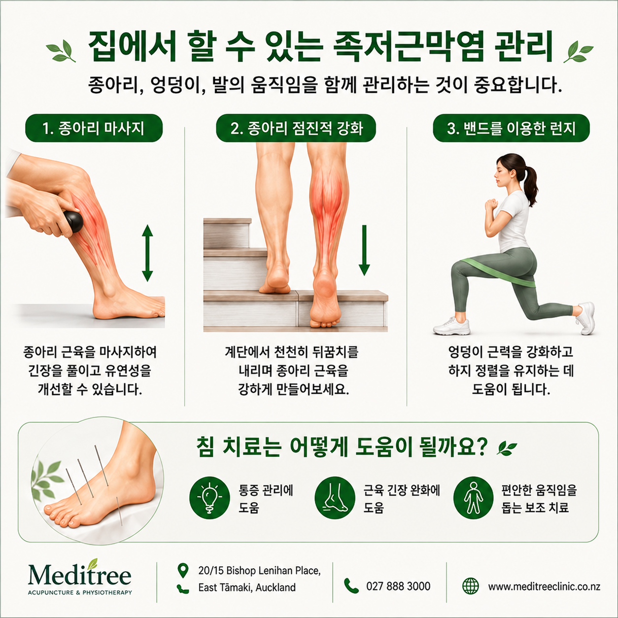 족저근막염을 위한 종아리 관리, 점진적 근력운동, 하지 운동 및 침 치료 정보를 설명하는 이미지
