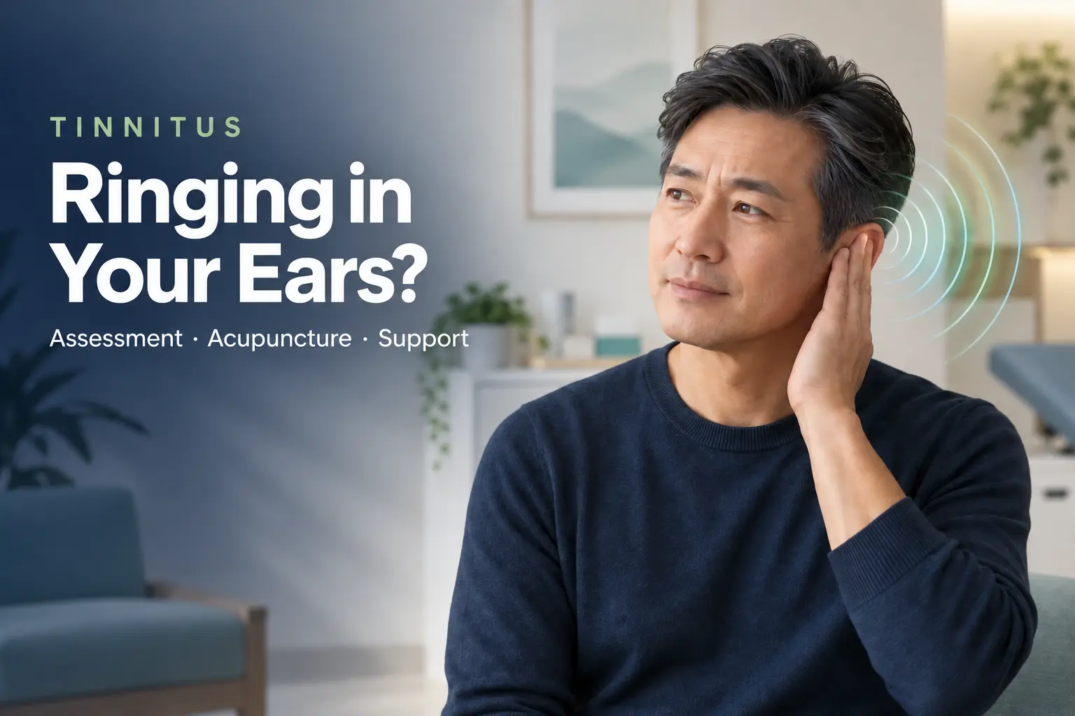 East Auckland tinnitus guide showing a person noticing ringing in one ear with calm sound-wave graphics